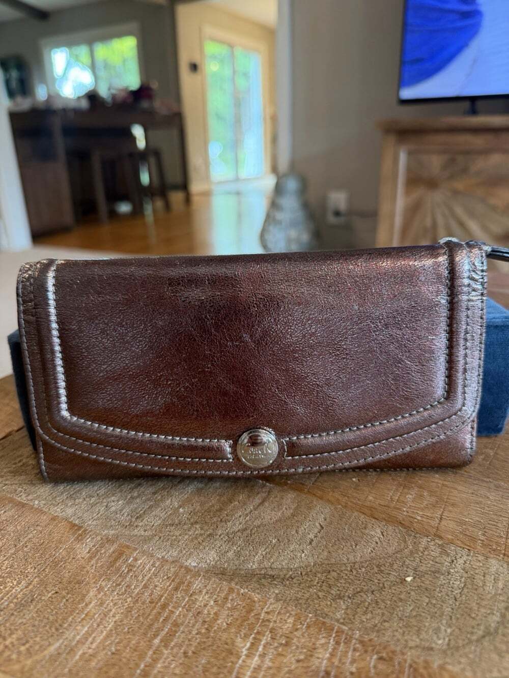 COACH Slim Envelope Flap Trifold Wallet Metallic Rose Gold Bronze Pewter Leather